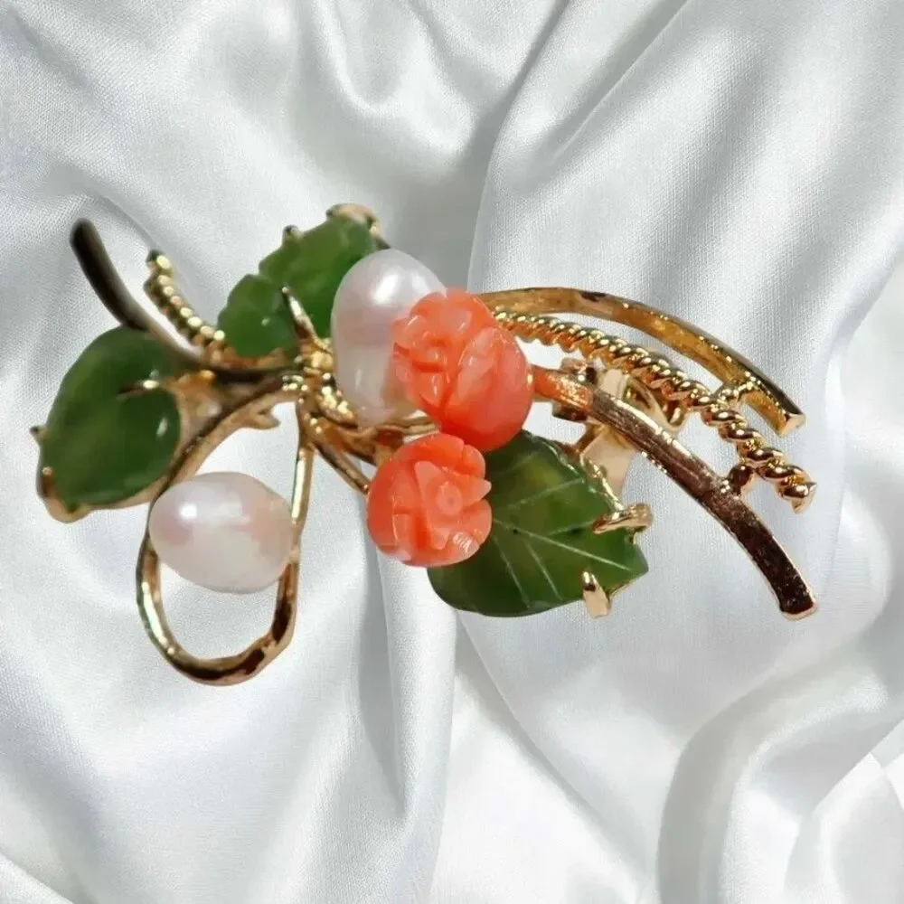 Pink Coral Pearls & Green Jade Leaves Brooch Floral Spray Faux Fashion VTG Pin